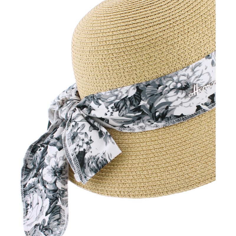Paper braid floppy hat with pattern scarf