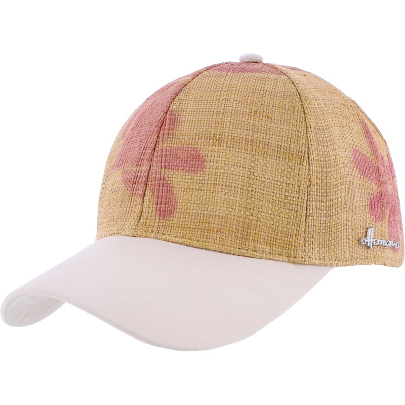 Baseball cap, cotton visor and raffia straw shell, with printed patter