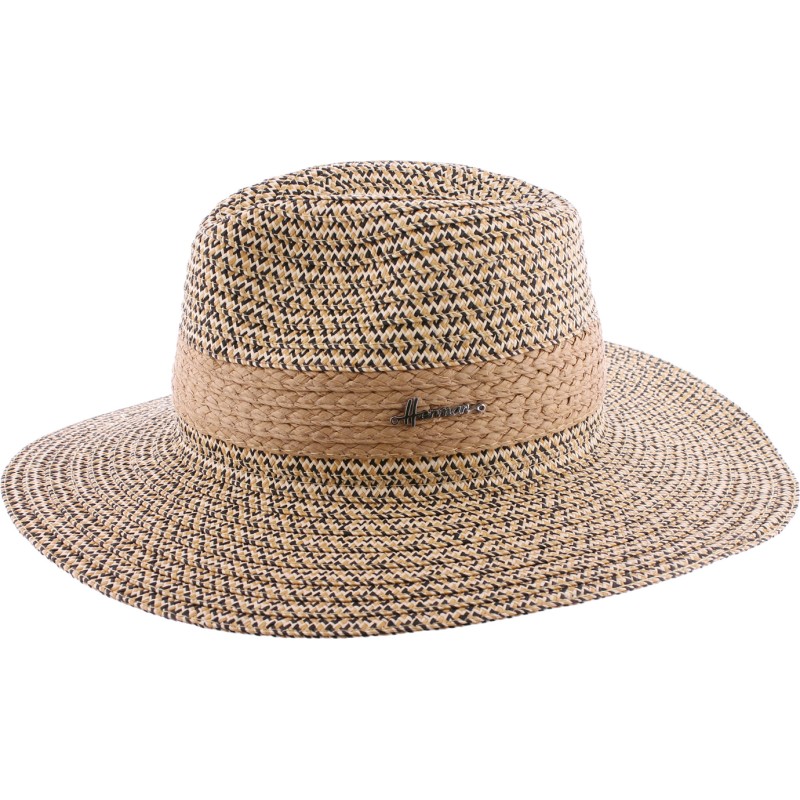 Large brim heather  hat with natural straw trim and internal drawstrin