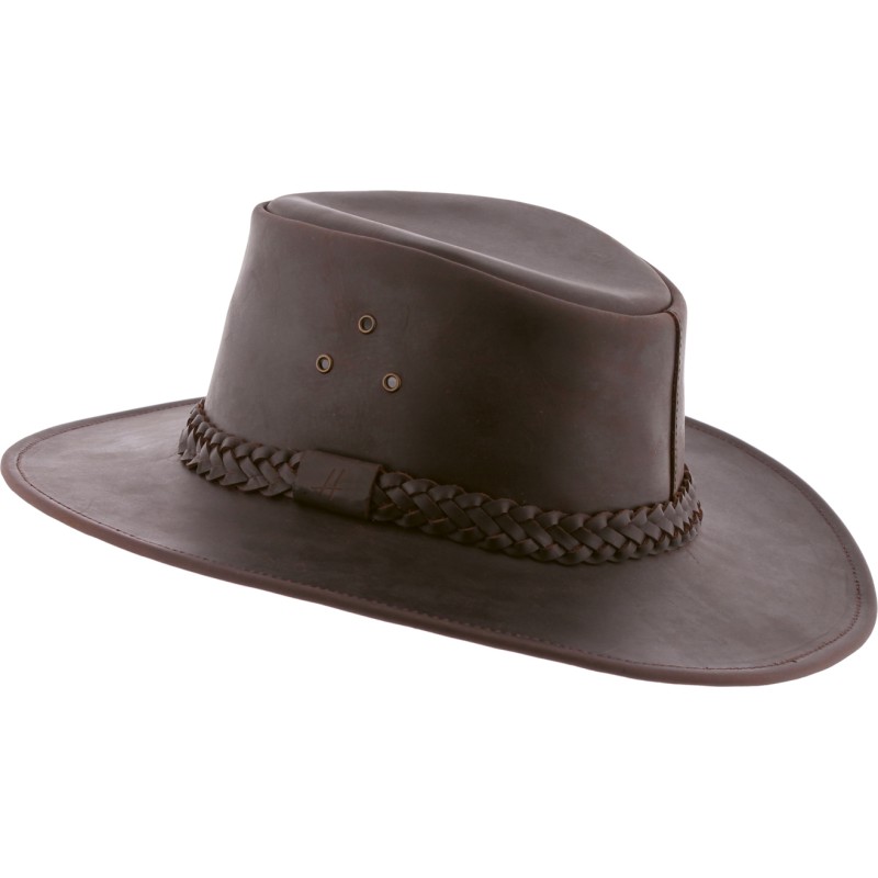 Chapeau grand bord en cuir véritable avec oeillets méta