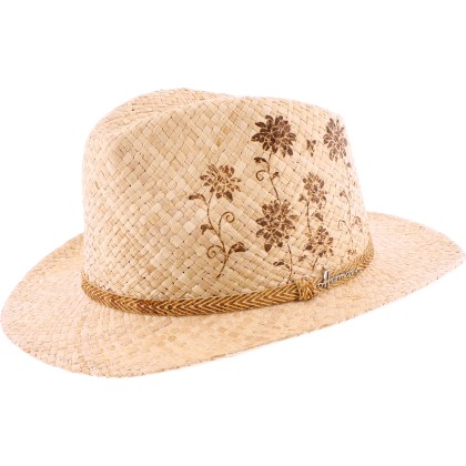 Chapeau grand bord en paille raphia avec bandeau tressé et motif flora