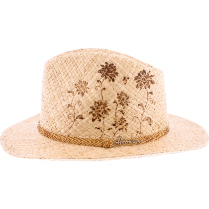 Chapeau grand bord en paille raphia avec bandeau tressé et motif flora