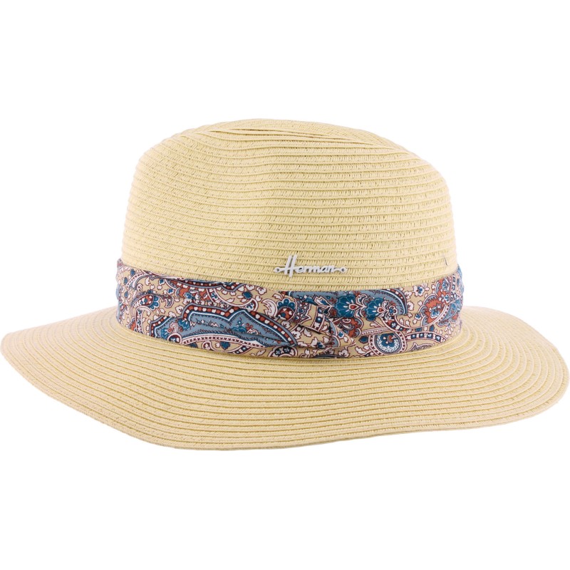 wide trim straw hat with scarf