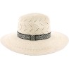 Large brim hat, in paper straw, geometric hatband and internal drawstr