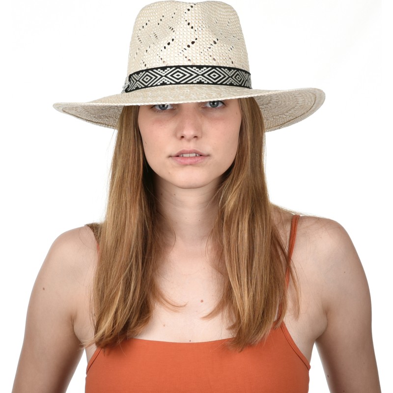 Large brim hat, in paper straw, geometric hatband and internal drawstr