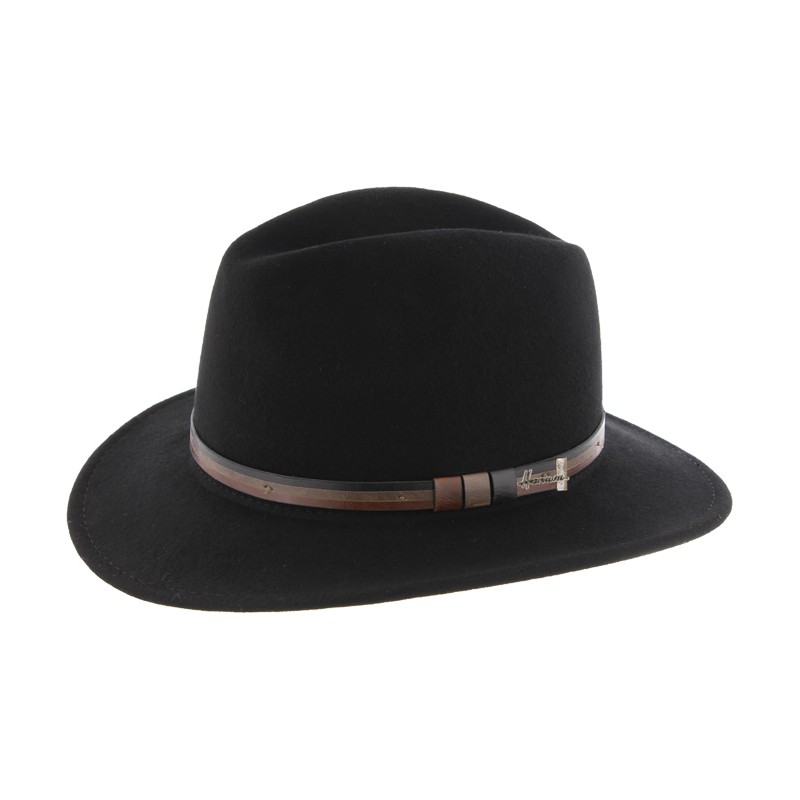 chapeau grand bord droit en feutre uni avec ceinture faux cuir
