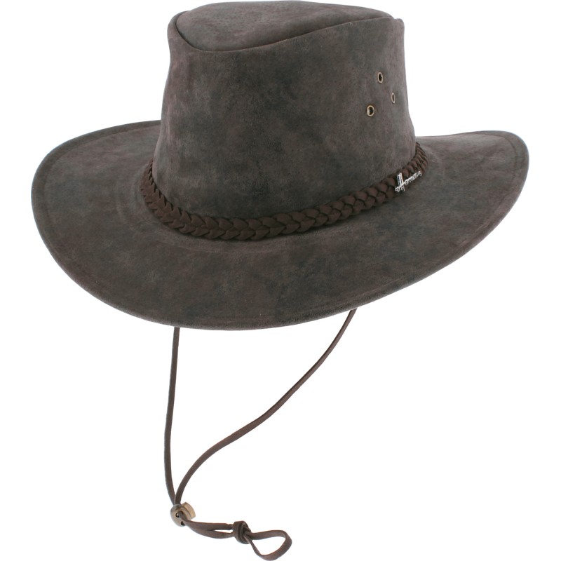 Large leather brim hat, with chin strap