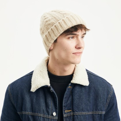 Plain cable knit beanie with plush lined cuff
