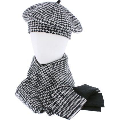 Houndstooth pattern set, with LUREX thread, consisting of a beret, lon