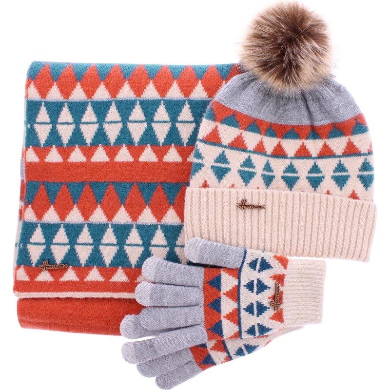 Set consisting of a pompom hat, a pair of tactile gloves and a scarf (