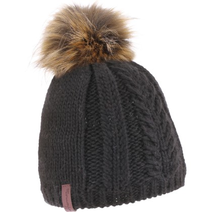 Plain color children hat with a natural faux fur pompom lined in ultra