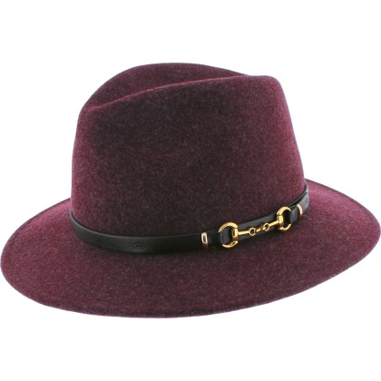 Women's large brim felt hat, with imitation leather belt and gold eque