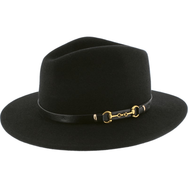Women's large brim felt hat, with imitation leather belt and gold eque