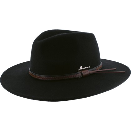 Wide brim felt hat, with imitation leather belt and interior drawstrin
