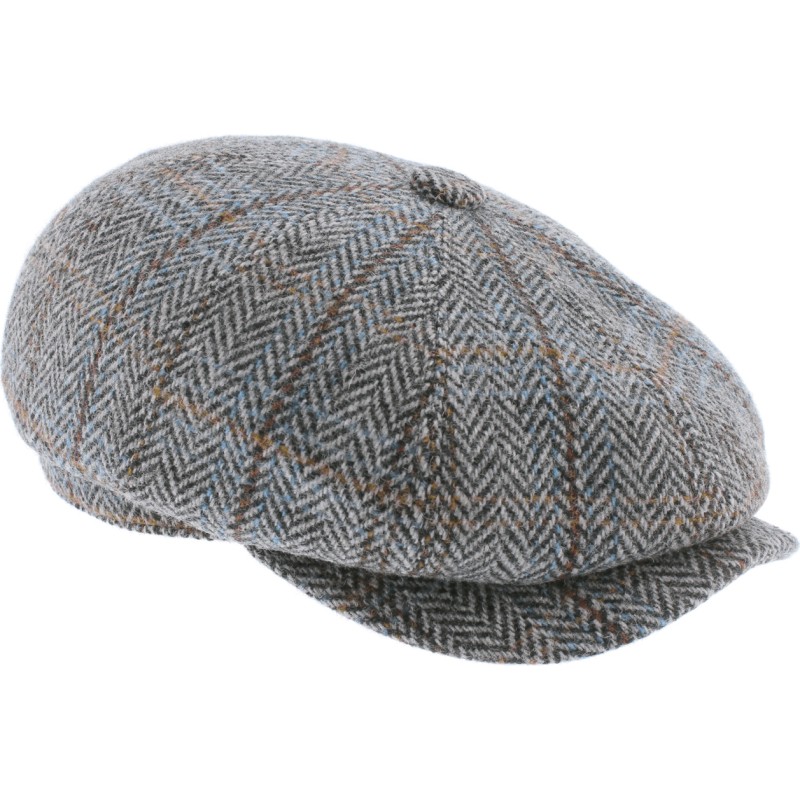 Newsboy cap with herringbone and line pattern fabric