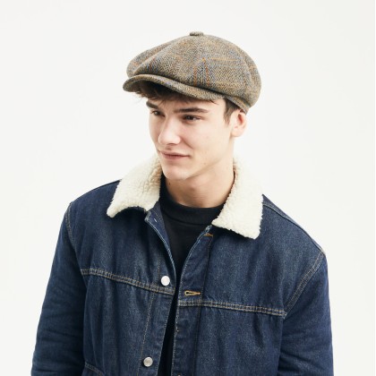 Newsboy cap with herringbone and line pattern fabric