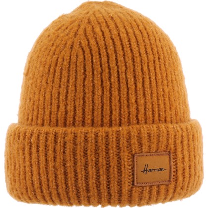 Plain chunky knit adult beanie with badge and cuff