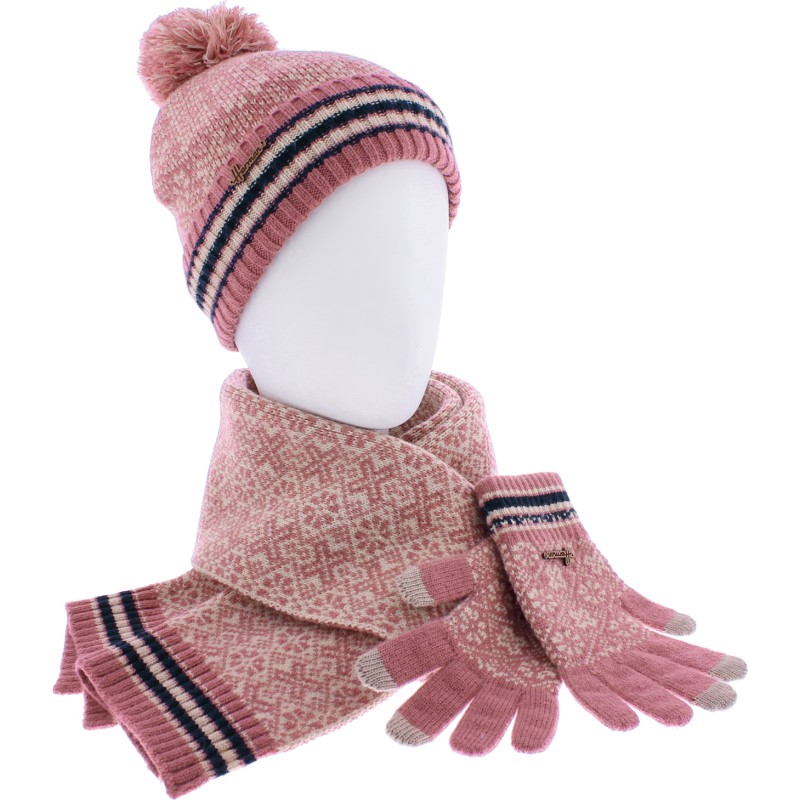 Set consisting of a cuffed beanie and yarn pompom, a 27x174cm scarf an