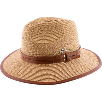 Large brim hat in paper straw  - pu leatherbelt and pu bound edge brim