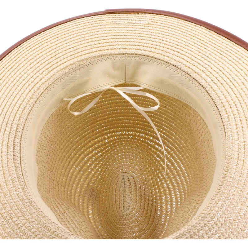 Large brim hat in paper straw  - pu leatherbelt and pu bound edge brim