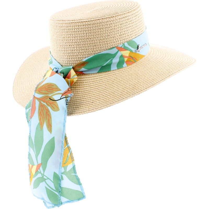 Chapeau en paille papier à grand bord et calotte plate avec foulard fl