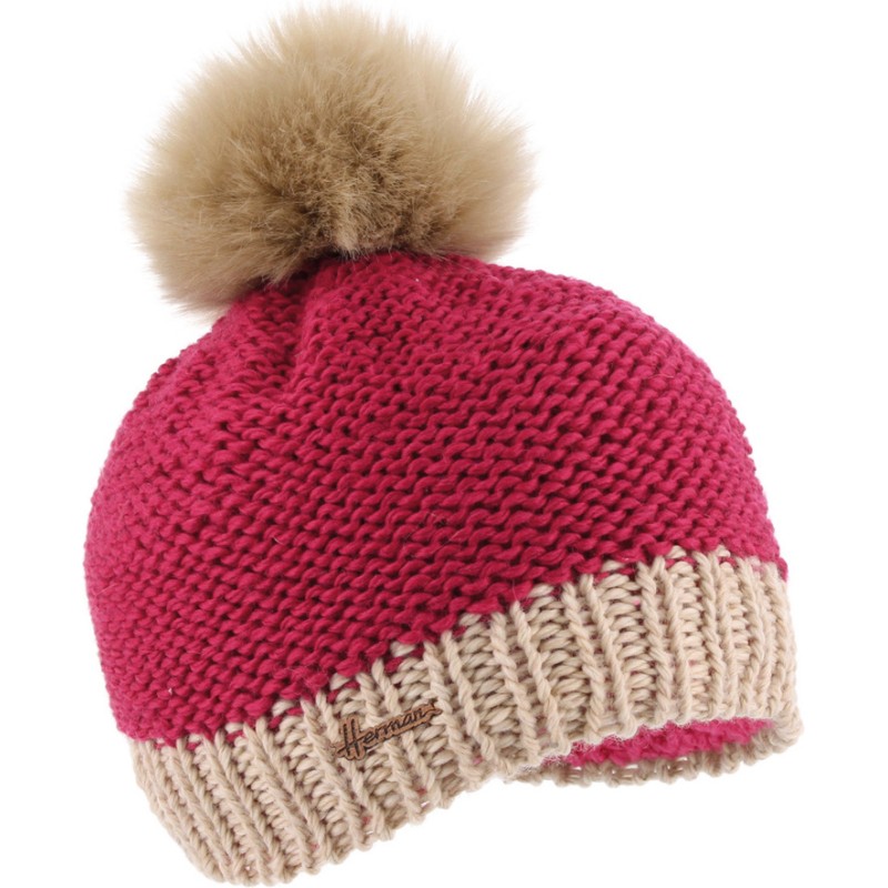 2 colors  beanie with fake fur pompom