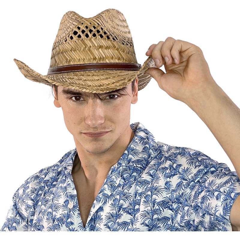 Chapeau cowboy en paille naturelle avec ceinture en faux cuir