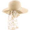 Large brim hat raised at the back in paper braid with flower pattern s