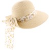 Large brim hat raised at the back in paper braid with flower pattern s