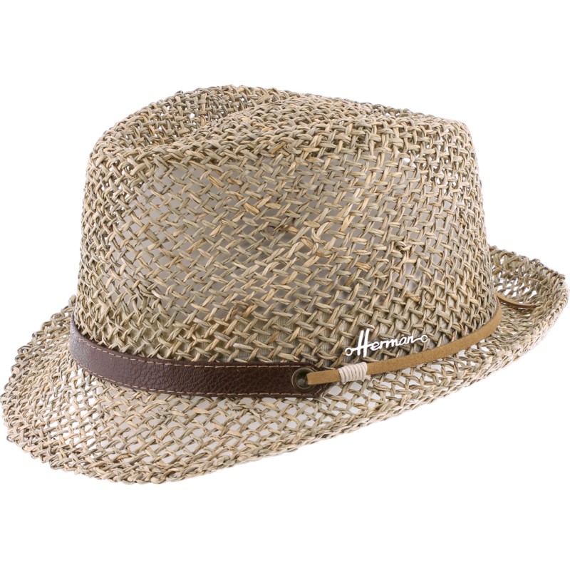 Chapeau petit bord relevé en paille seagrass ajourée unie avec large c