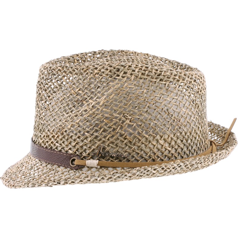 Chapeau petit bord relevé en paille seagrass ajourée unie avec large c