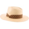 Large plain brim hat with pinched ribbon.