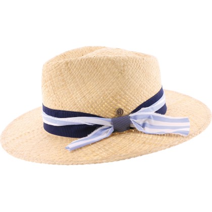 Large plain brim hat with pinched two-tone ribbon.