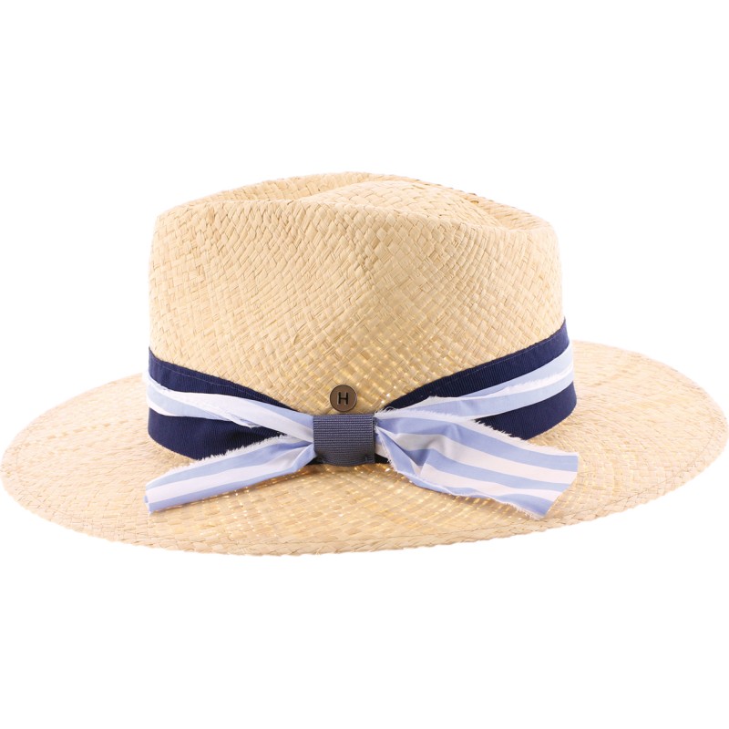 Large plain brim hat with pinched two-tone ribbon.