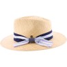 Chapeau grand bord uni avec ruban bicolore pincé.