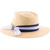 Large plain brim hat with pinched two-tone ribbon.