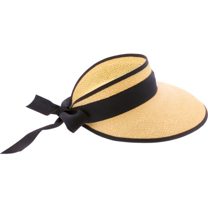 Straw visor with ribbon and plain bound edge.