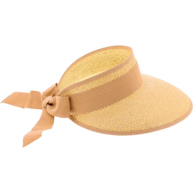 Straw visor with ribbon and plain bound edge.