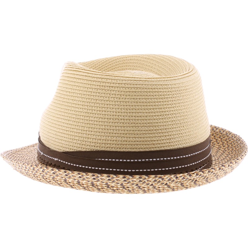 Small two-tone brim hat in sewn polypropylene straw, deformable, water