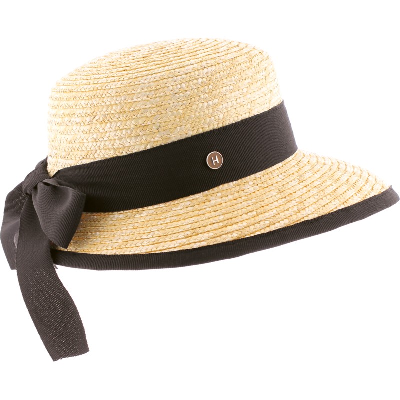 Women's straw cap with ribbon and plain bound edge.