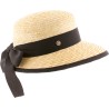 Women's straw cap with ribbon and plain bound edge.