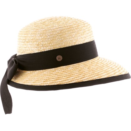 Women's straw cap with ribbon and plain bound edge.