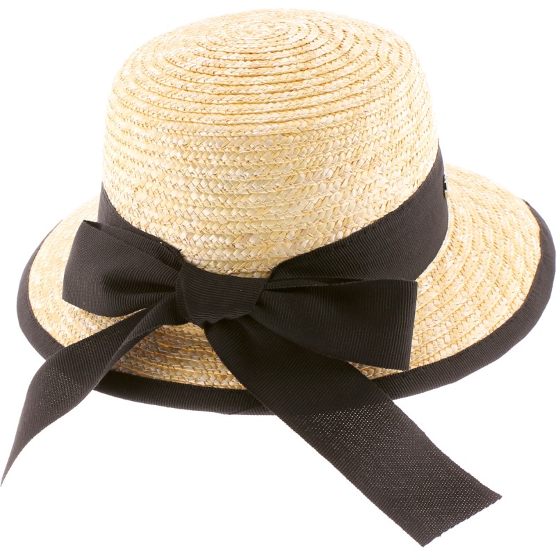 Women's straw cap with ribbon and plain bound edge.