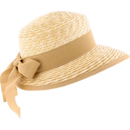 Women's straw cap with ribbon and plain bound edge.