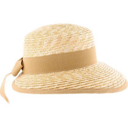 Women's straw cap with ribbon and plain bound edge.