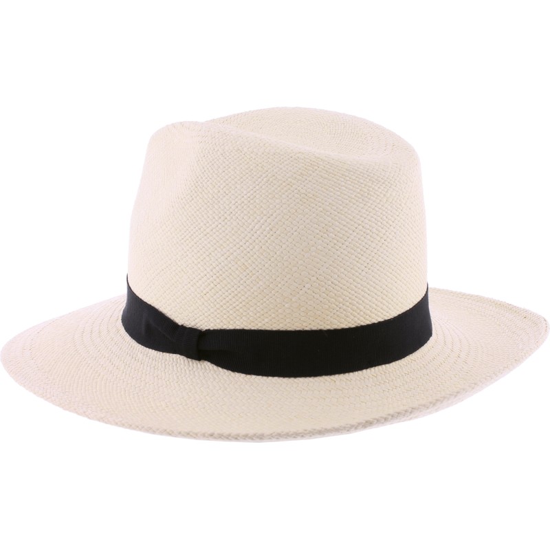 Panama straw hat with black ribbon and interior drawstring.