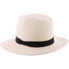 Panama straw hat with black ribbon and interior drawstring.