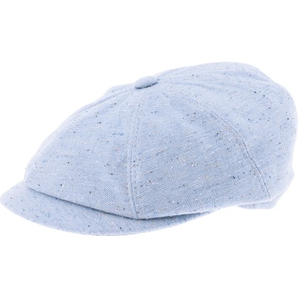 Newsboy cap in mottled fabric with herringbone pattern.