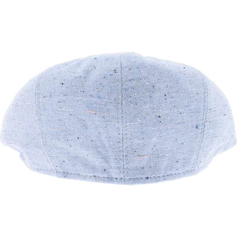 Newsboy cap in mottled fabric with herringbone pattern.