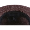 Large brim straw hat with belt and interior drawstring.